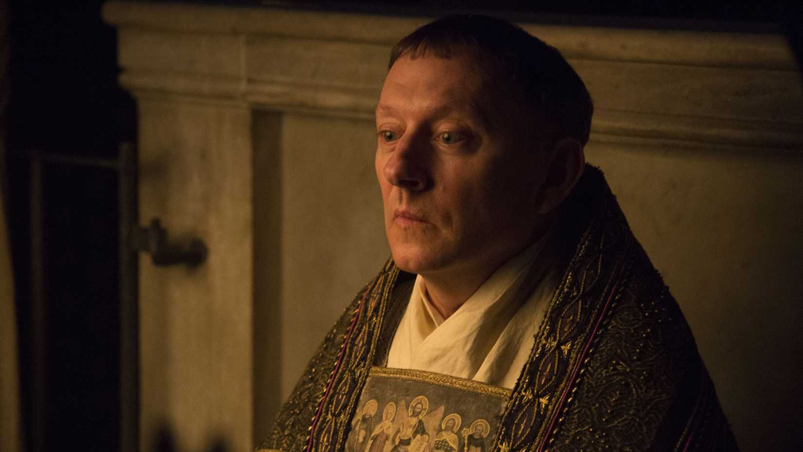 The Abbot (Michael Emerson) looking annoyed in The Name of the Rose.
