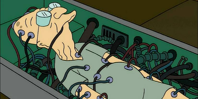 The professor hooked up like a bettery in a drawer in Futurama A Clone Of My own