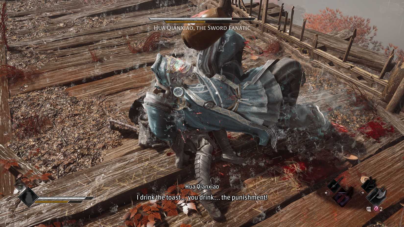 The Sword Fanatic lays atop Soul while drinking from his urn during a boss fight in Phantom Blade Zero