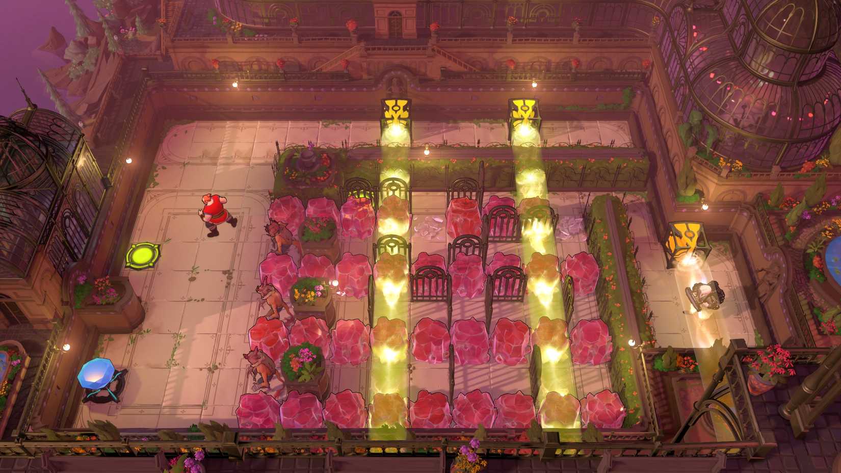 The Warrior ponders a room filled with red crystals two yellow beamcasters and three goblins in Order of the Sinking Star