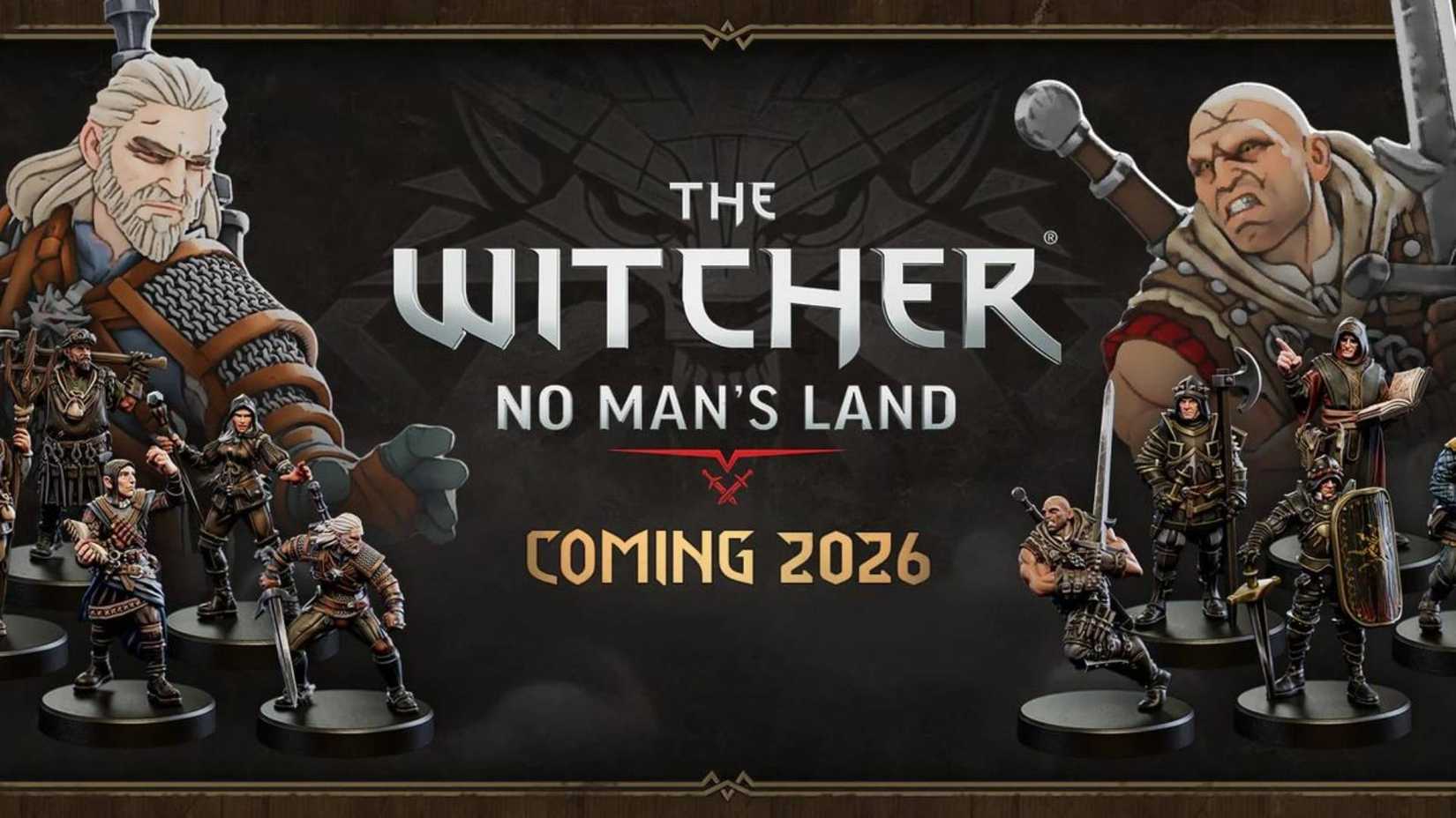 An image of The Witcher: No Man's Land showcasing its release date, title, and assorted miniatures.