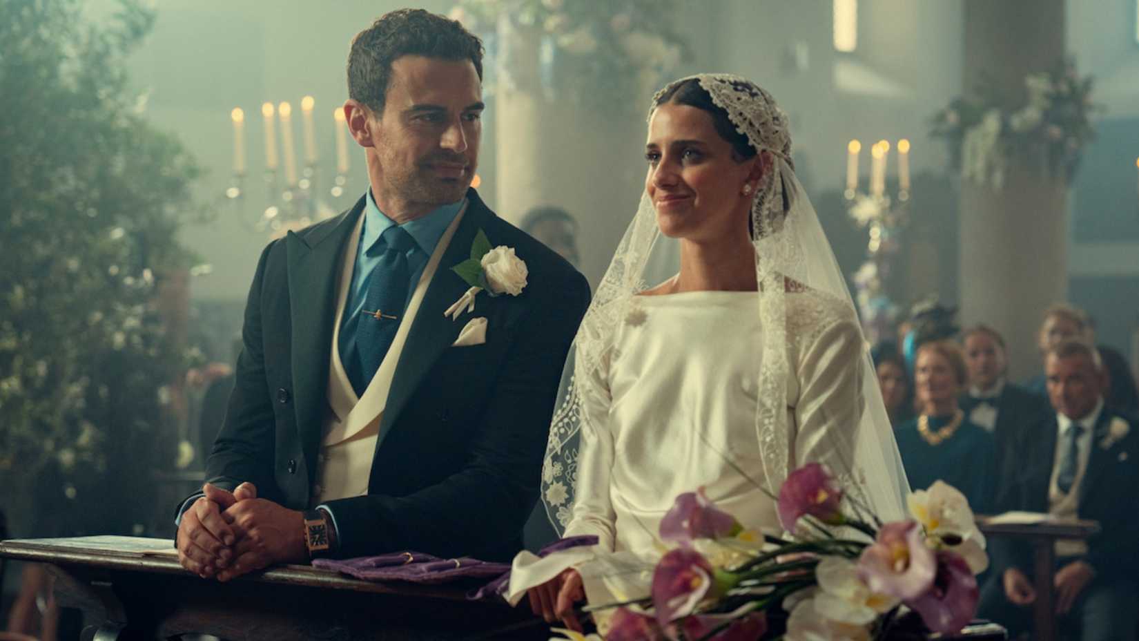 Theo James' Eddie and Benedetta Porcaroli's Bella get married in The Gentlemen Season 2.