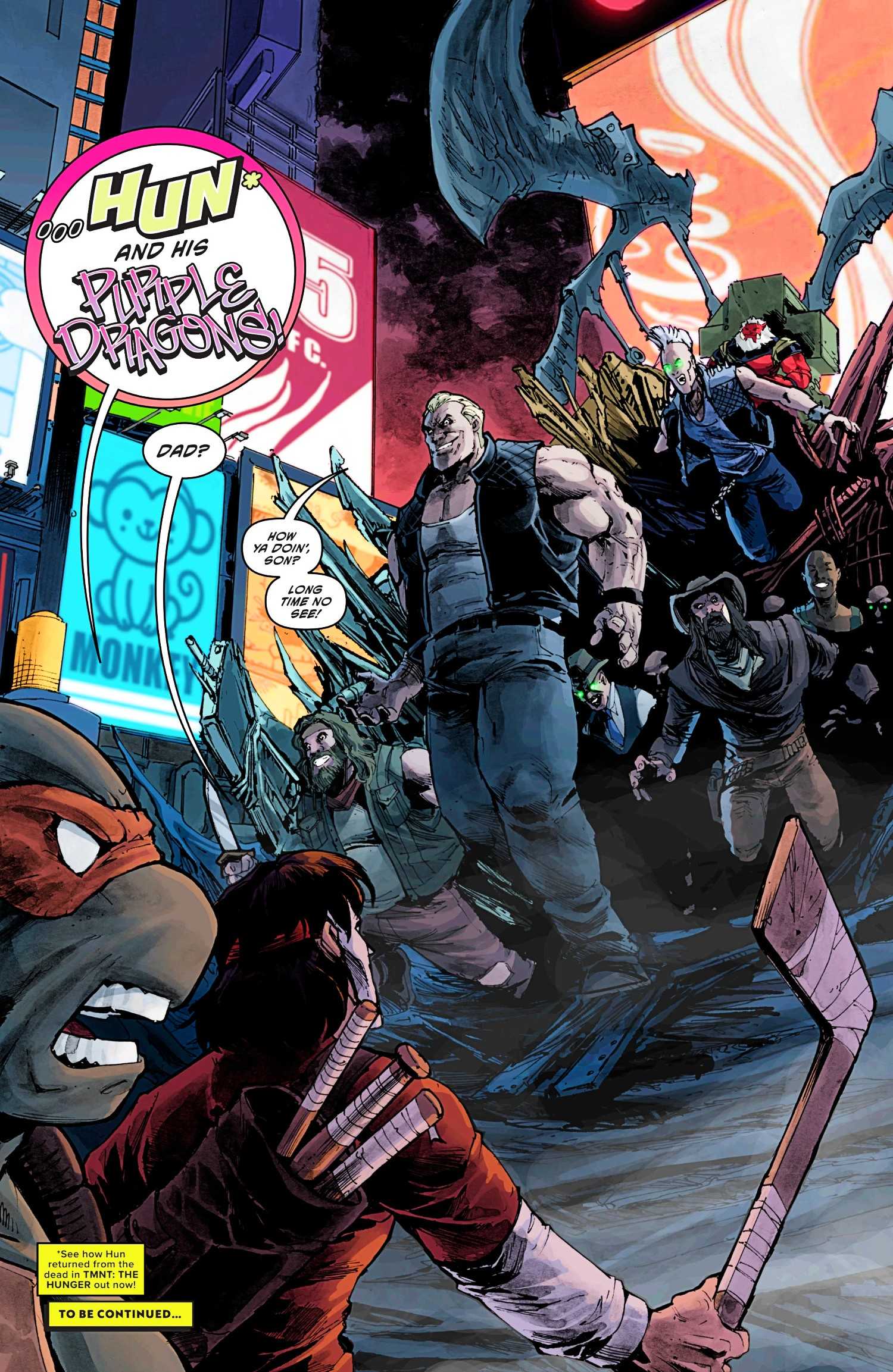 TMNT #25, resurrected Hun and his Purple Dragon gang confront his son Casey and the Turtles