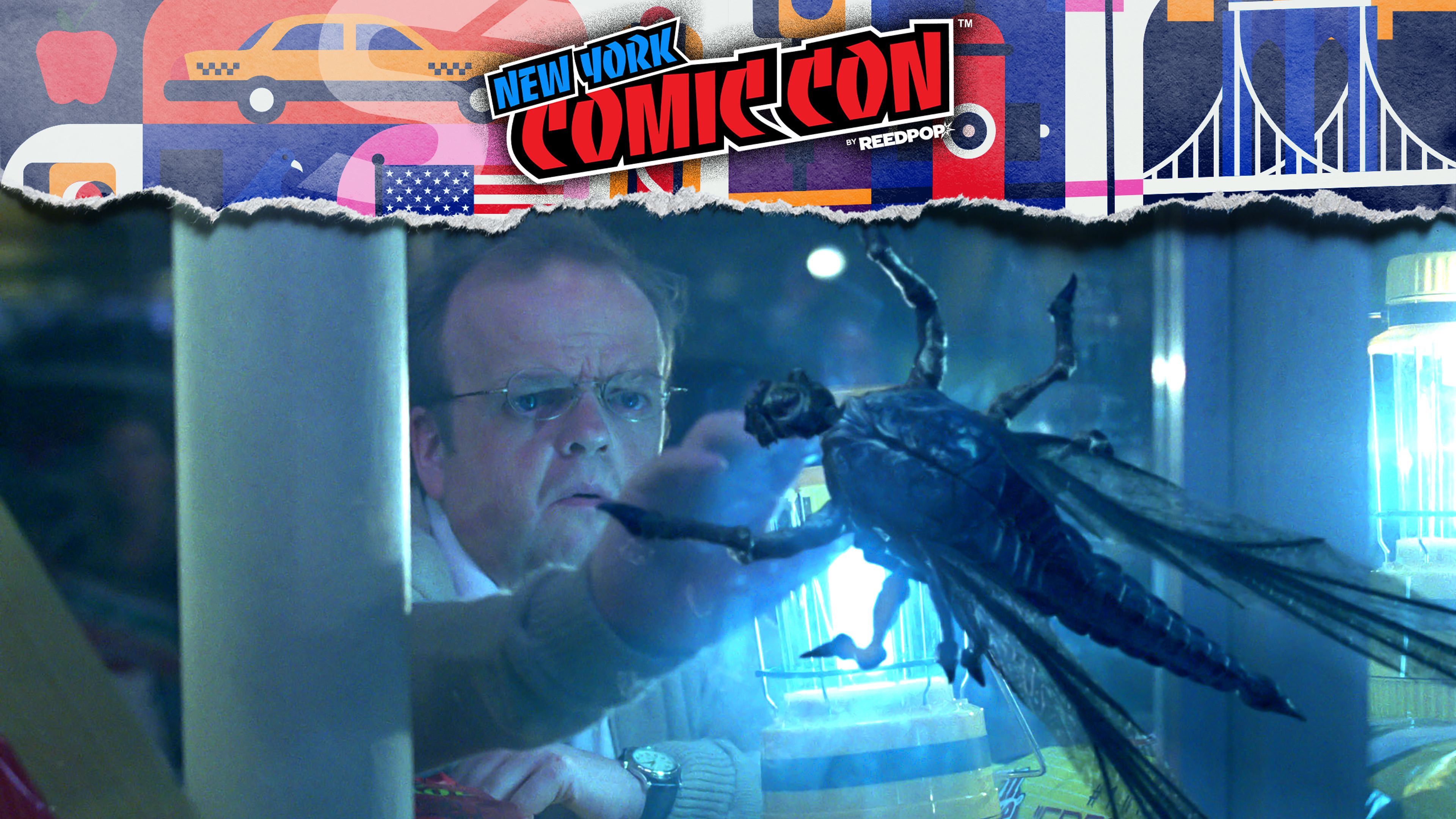 Toby Jones' Ollie looking worried and holding a lantern near a flying bug in The Mist NYCC