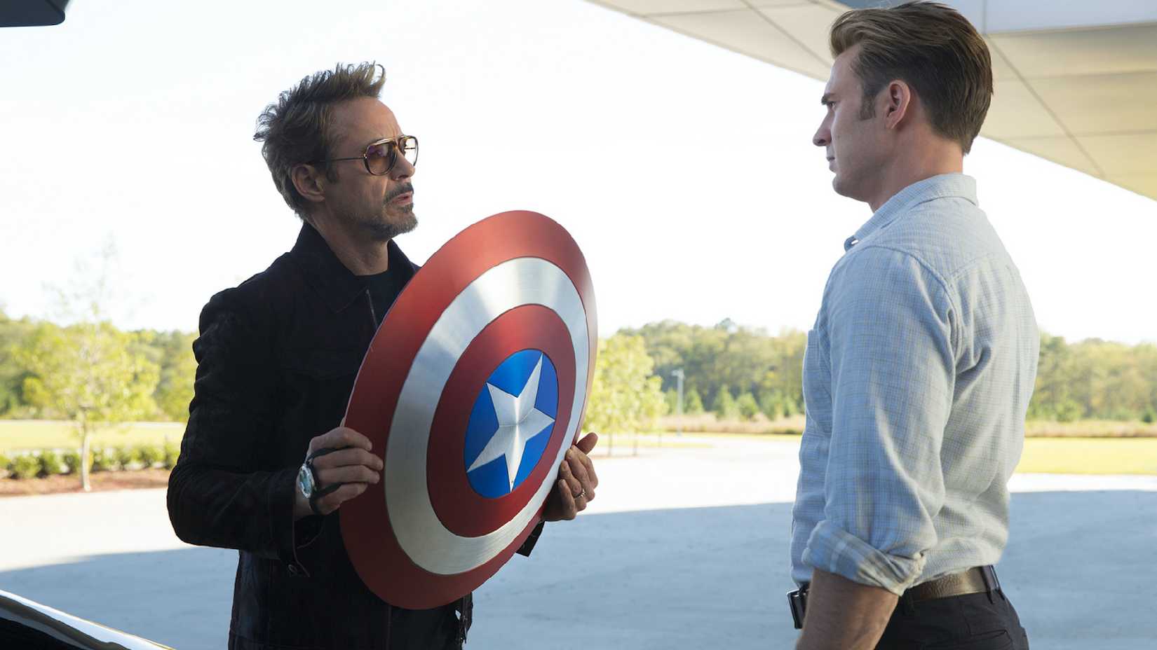 Tony Stark gives Steve Rogers his shield back in Avengers: Endgame