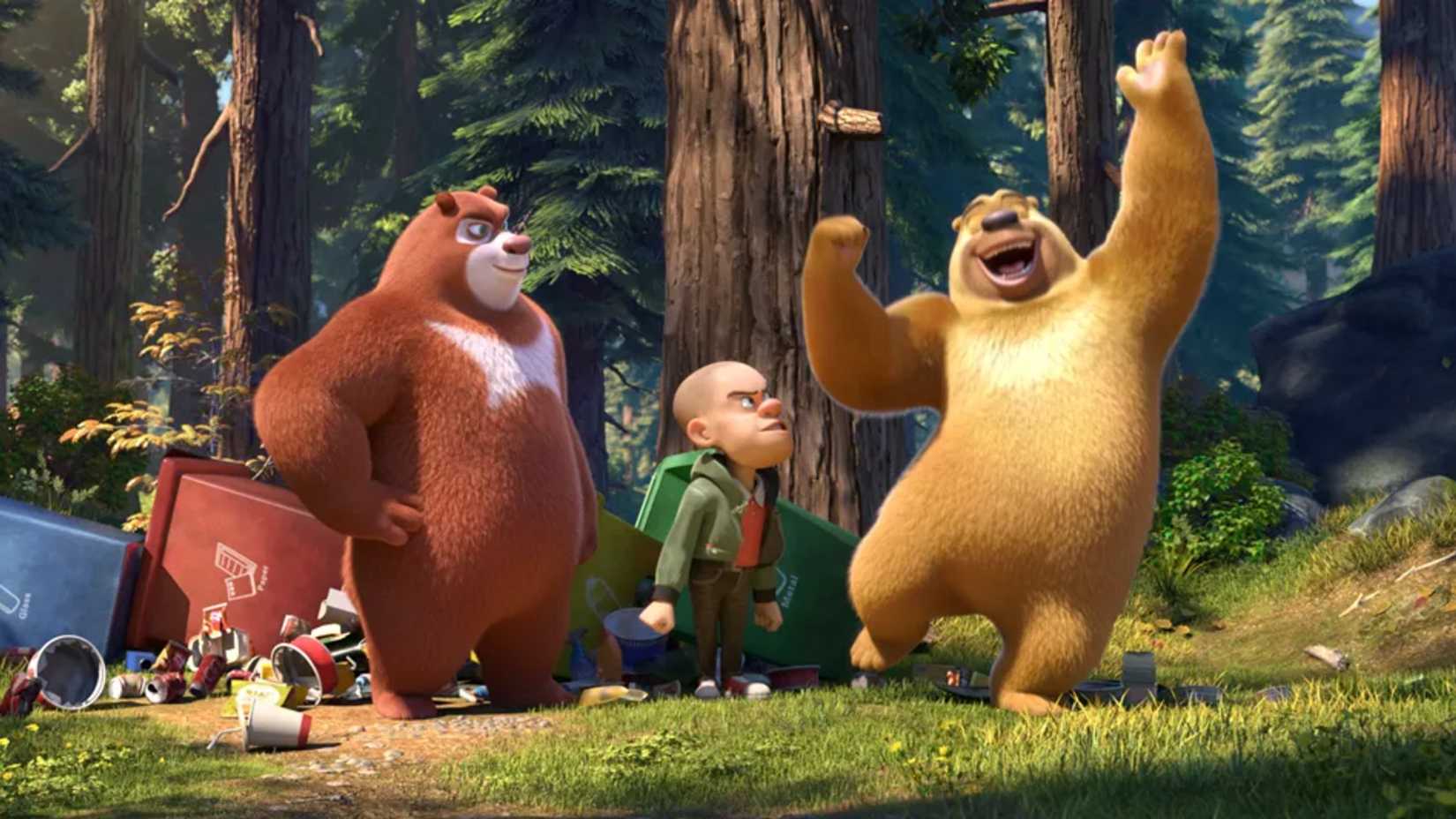 Two bears interacting with a human in Boonie Bears