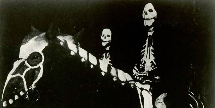 Two skeletons riding skeleton horses in Captain Clegg (1962)