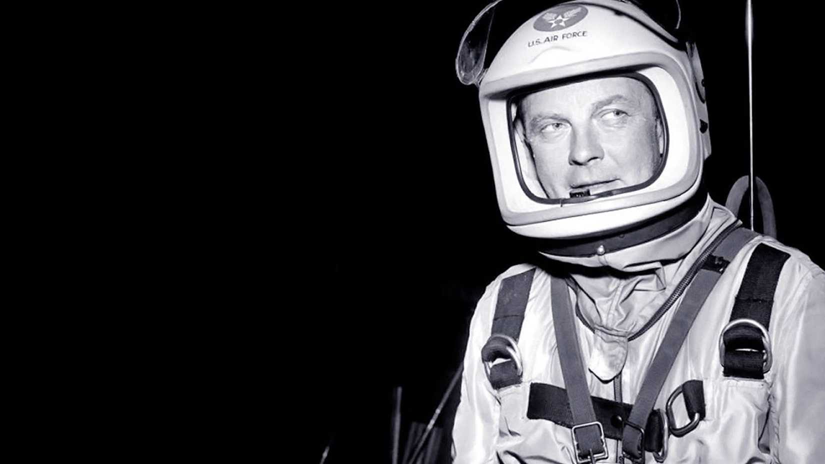 a man wearing a spacesuit in men into space