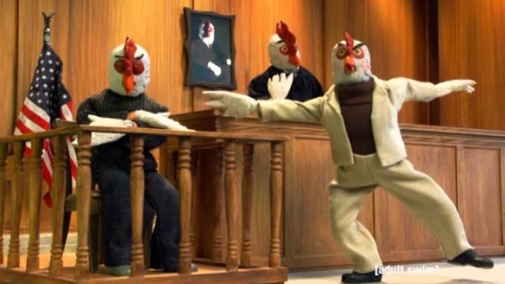 A courtroom scene in Robot Chicken Law & Order KFC