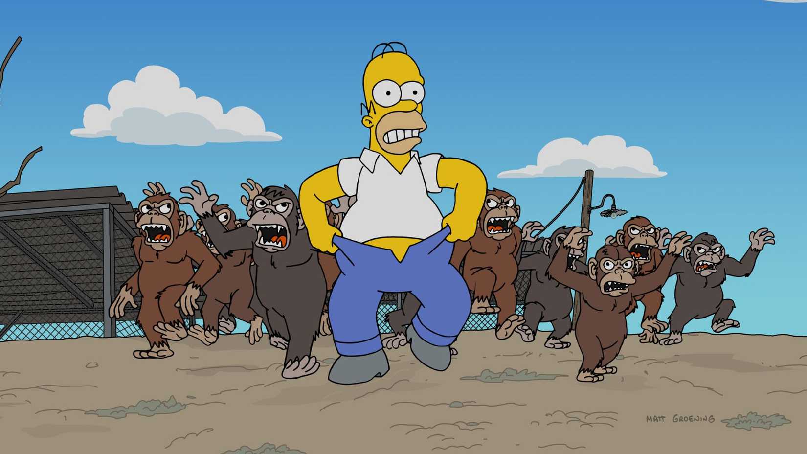 Homer runs from a bunch of chimps in The Simpsons