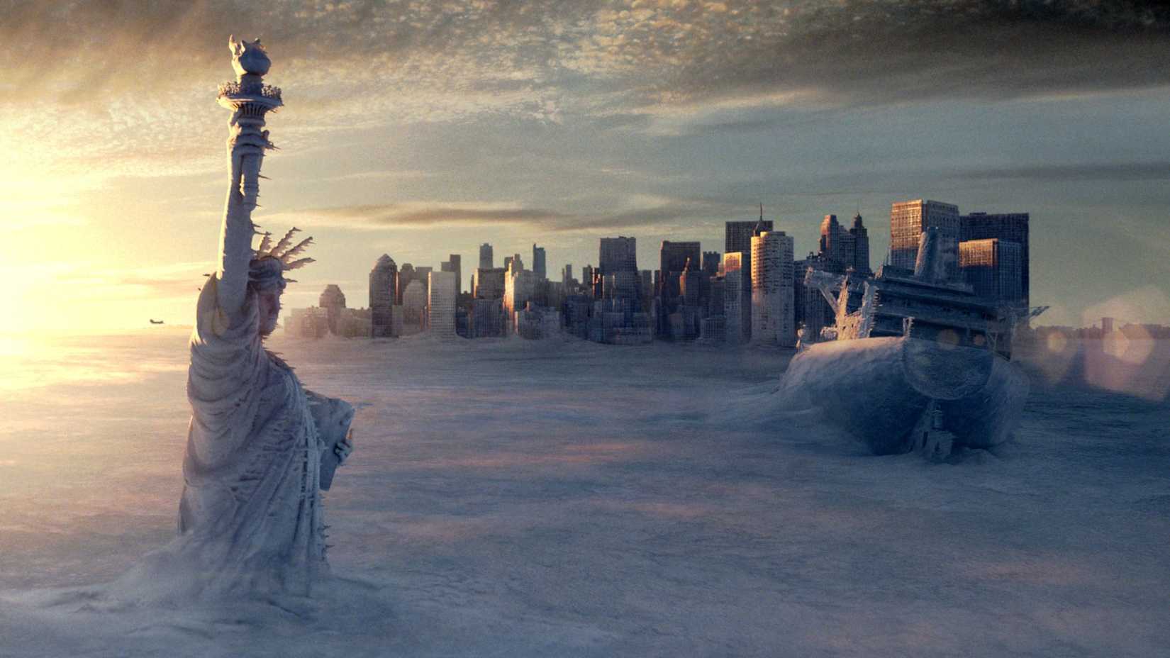 NYC completely frozen with snow so high it reaches halfway up the Statue of Liberty