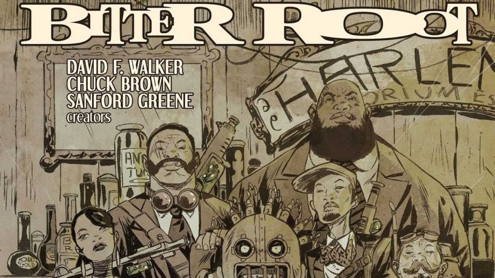 Sepia-colored comic book cover for Bitter Root, showing four men, a woman, and a robot. The creators' names are David F. Walker, Chuck Brown, Sanford Greene