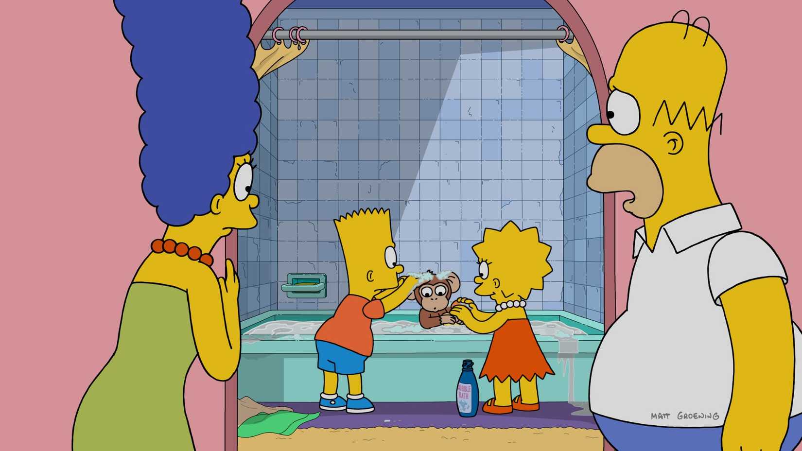 Marge and Homer watch Bart and Lisa give a chimp a bath in The Simpsons