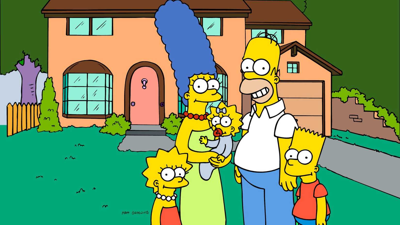 The Simpsons family stands in front of their house