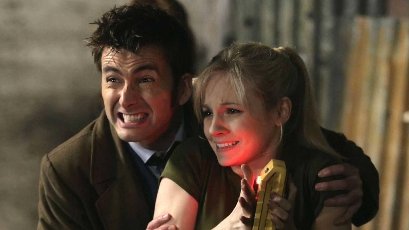 David Tennant and Georgia Tennant as The Doctor and Jenny, bracing for a surprise