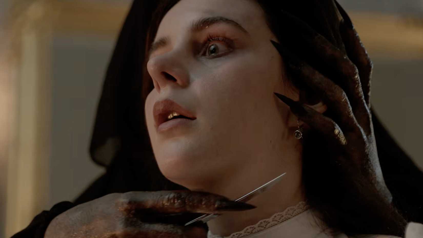 A woman's throat is cut my someone with demonic hands in Fresh Meat (2026)