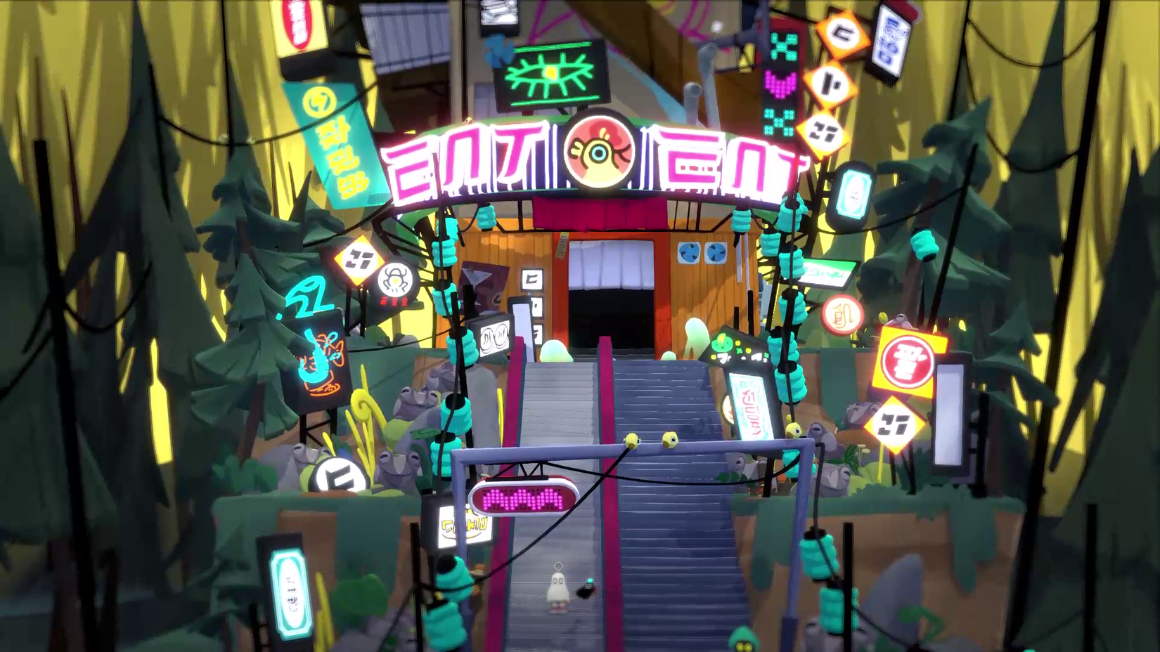 Waltz and Jam standing at the steps of the colorful eat eat restaurant