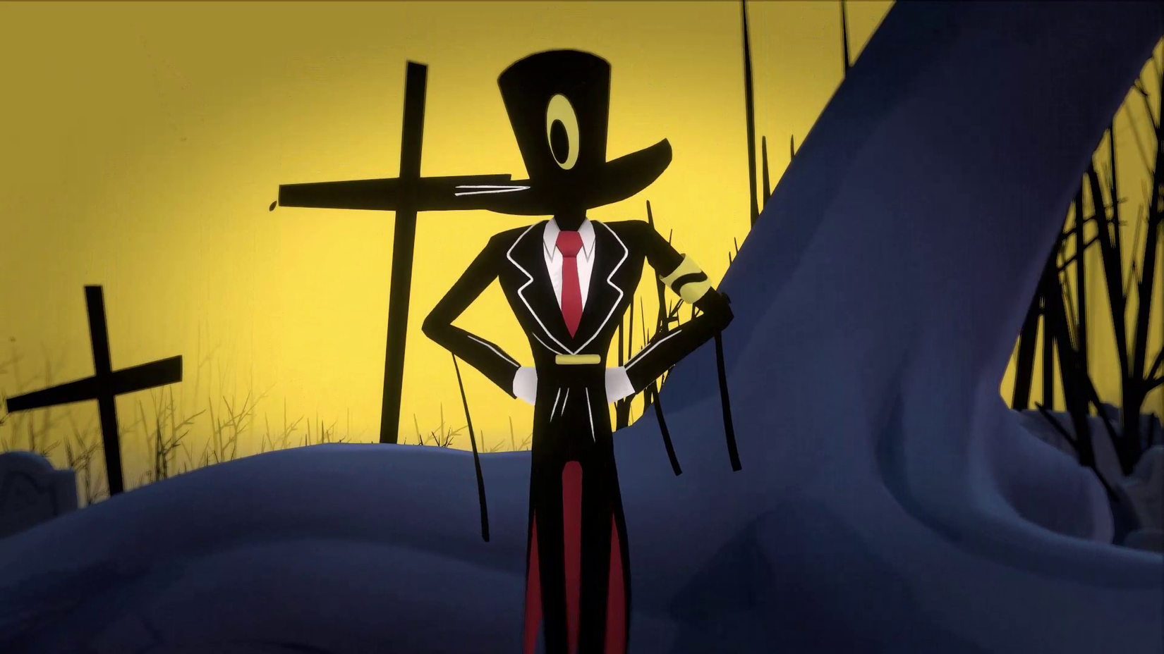 Low the dapper crow character in Waltz and Jam with a yellow sky and crosses behind him