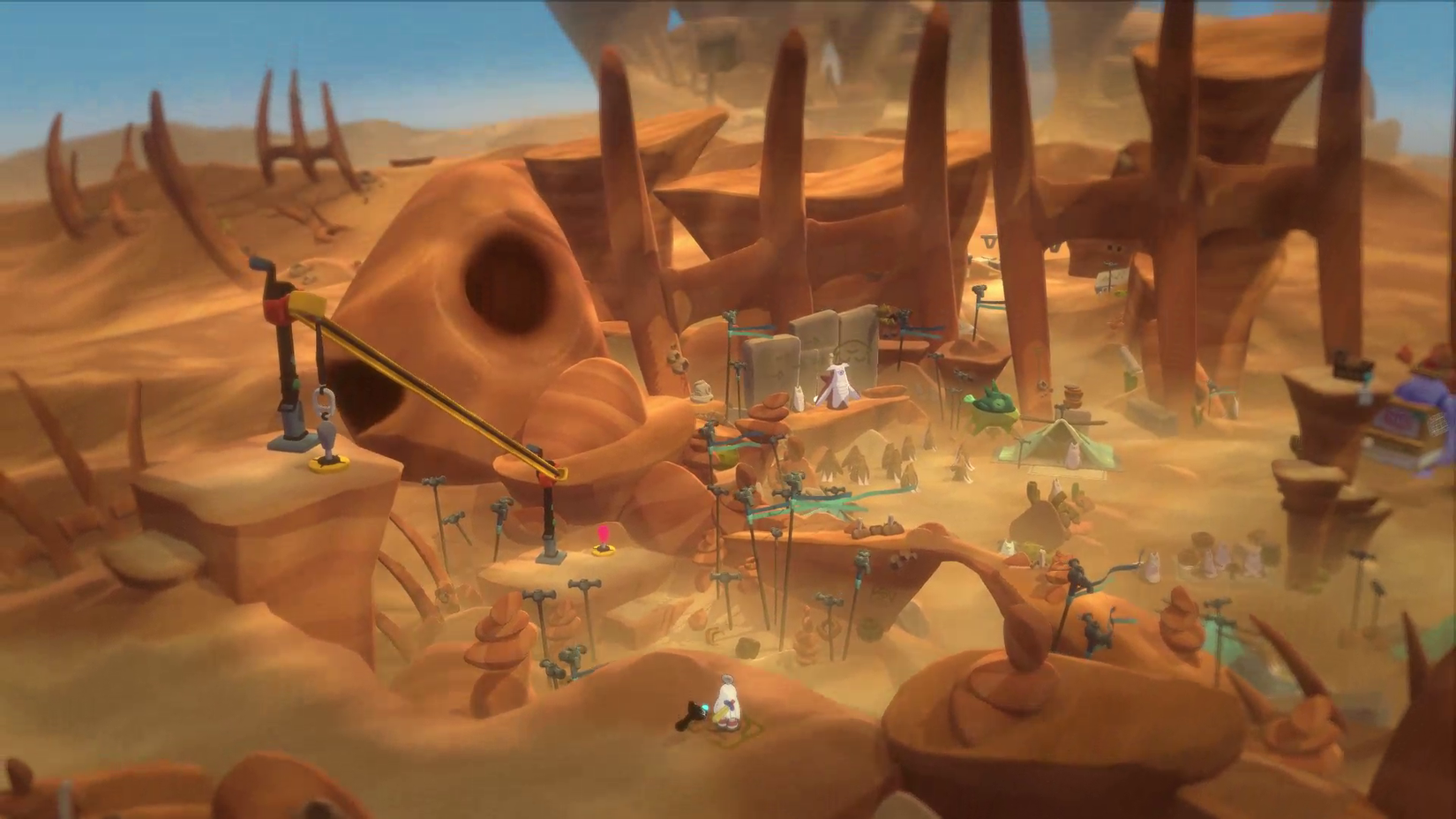 Tiny Waltz and Jam look at a giant fish skeleton in the desert
