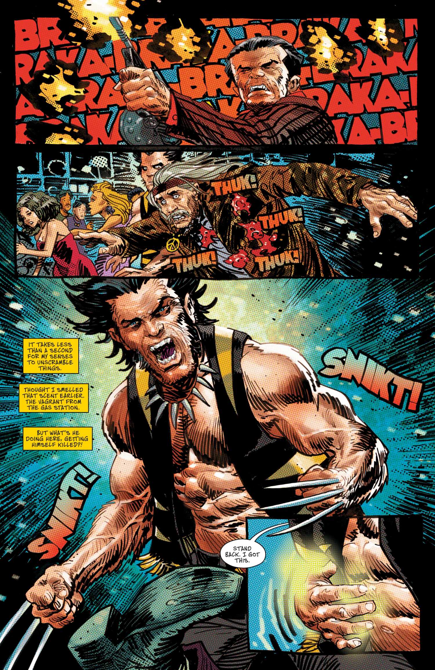 Wolverine unsheathes his claws while wearing his vacation outfit