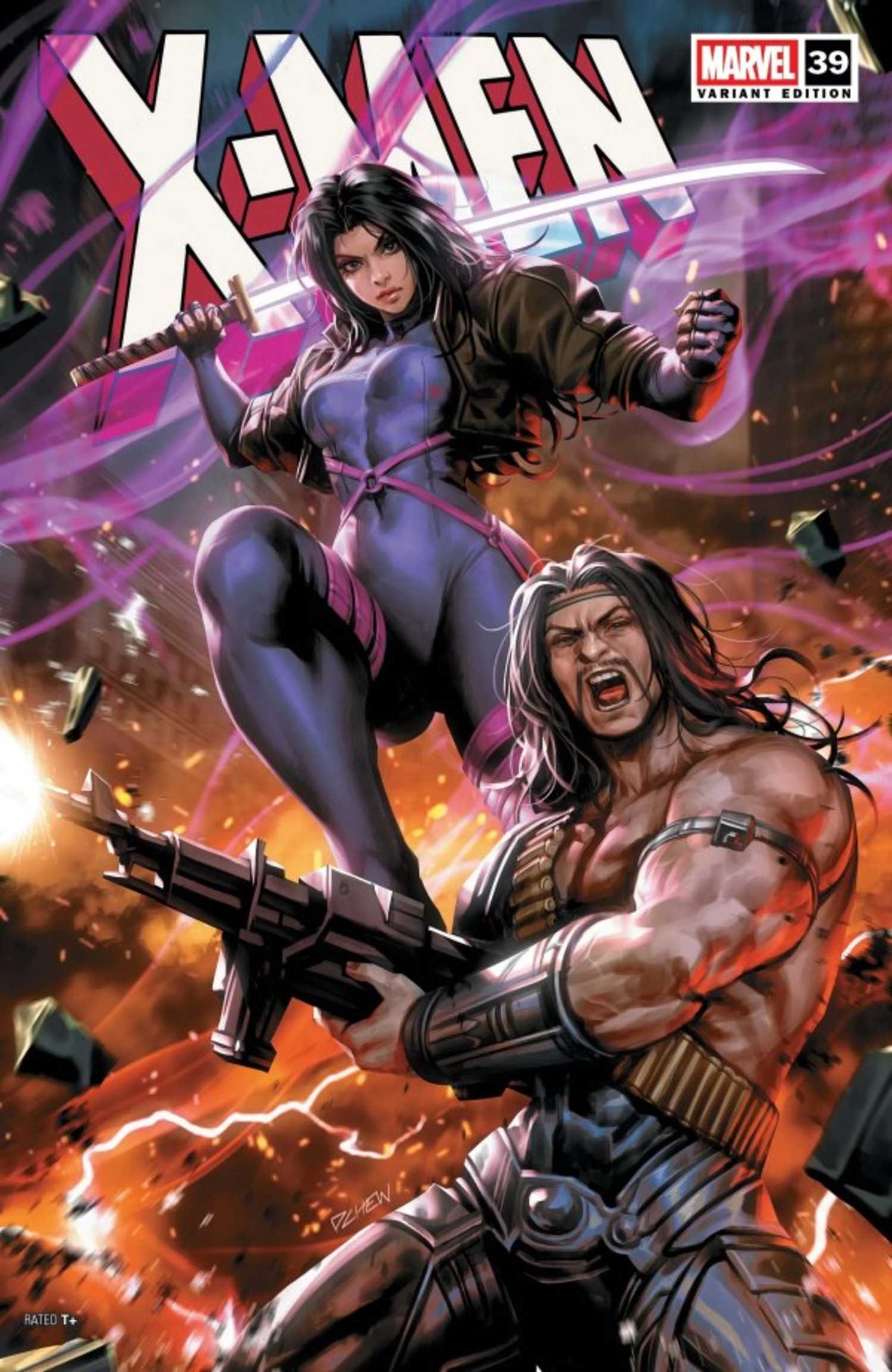 X-Men #39 cover, Psylocke and John Greycrow in battle
