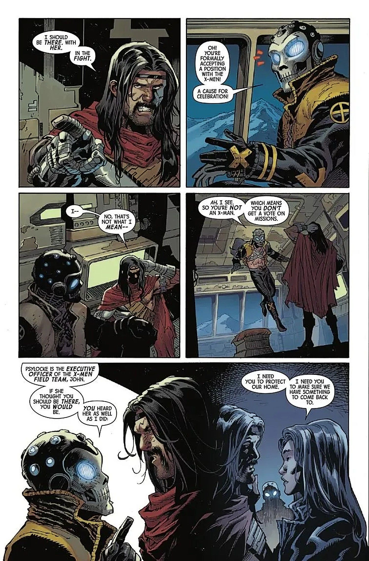 X-Men #39, Xorn and Greycrow argue about his role with the team
