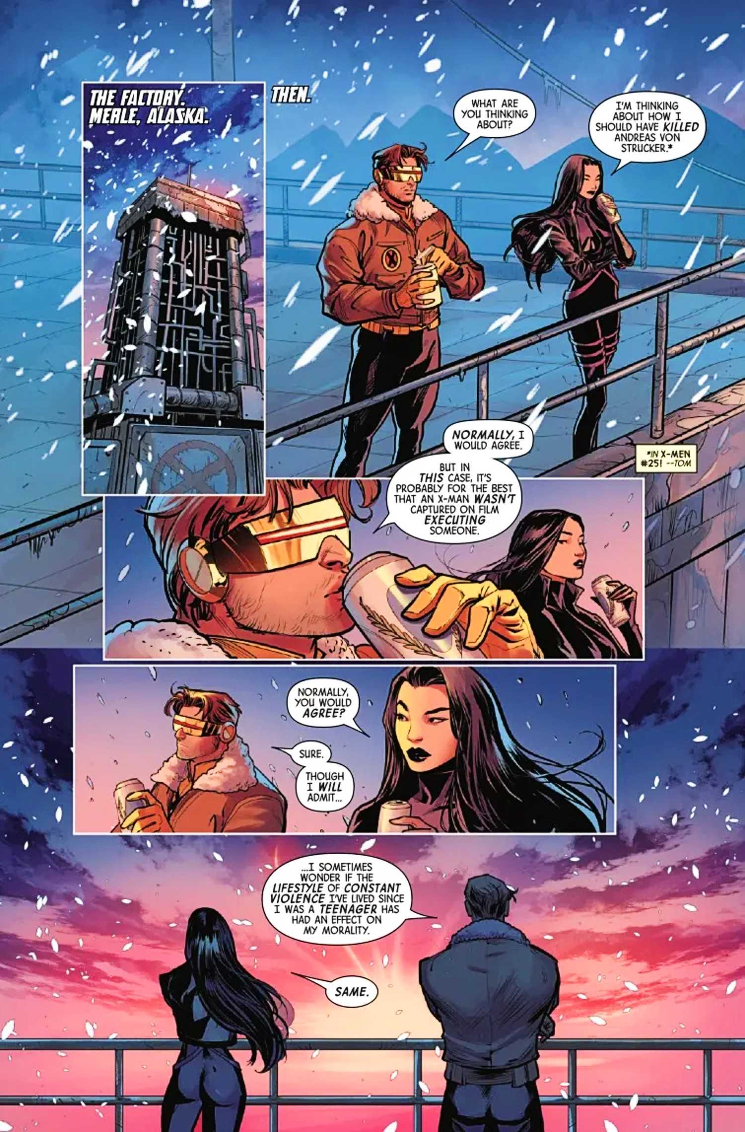 X-Men #40, flashback of Cyclops and Psylocke having a beer on the roof at sunset and discussing X-Men business