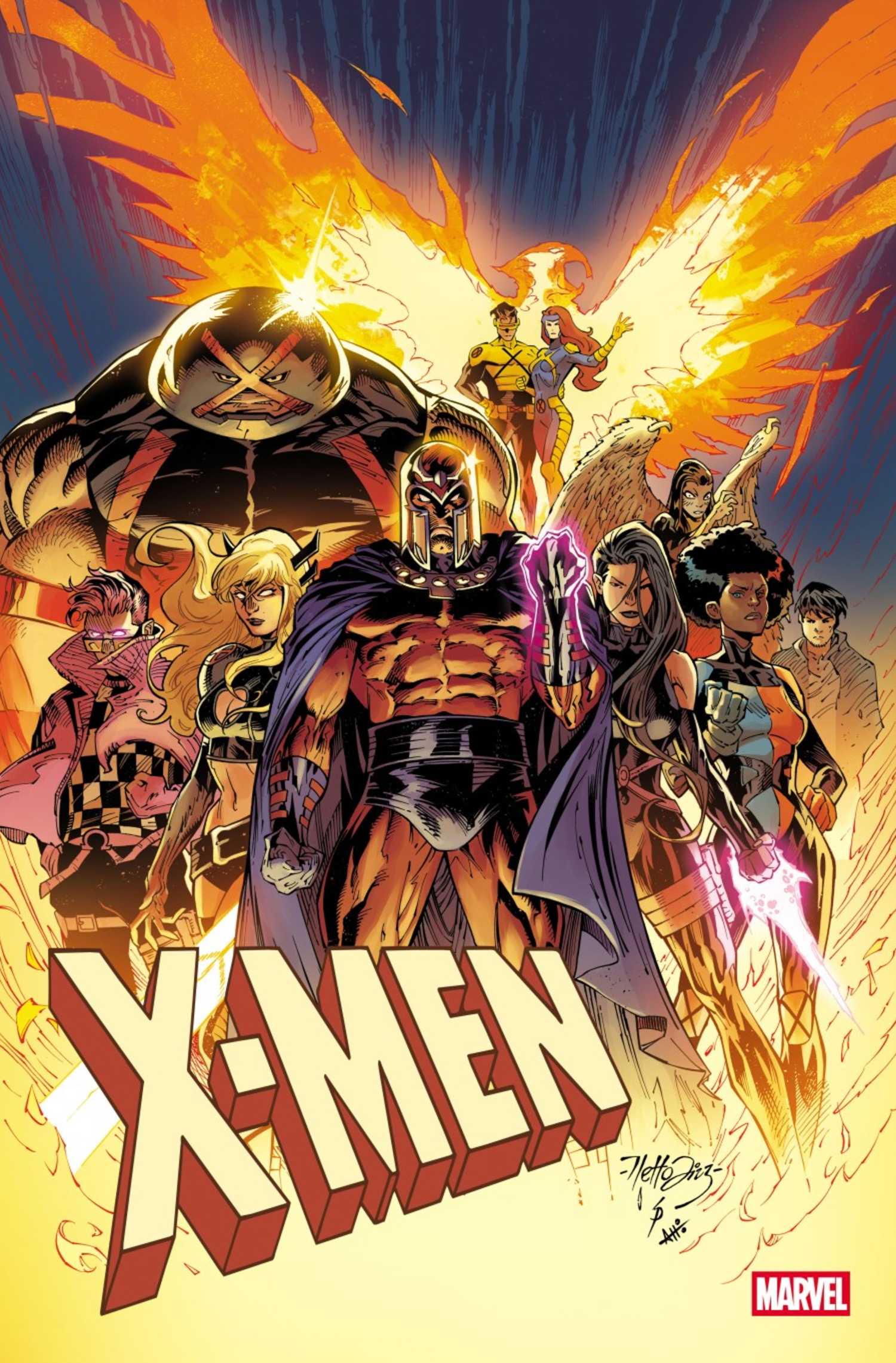 x-men 43 cover showing the group standing behind magneto