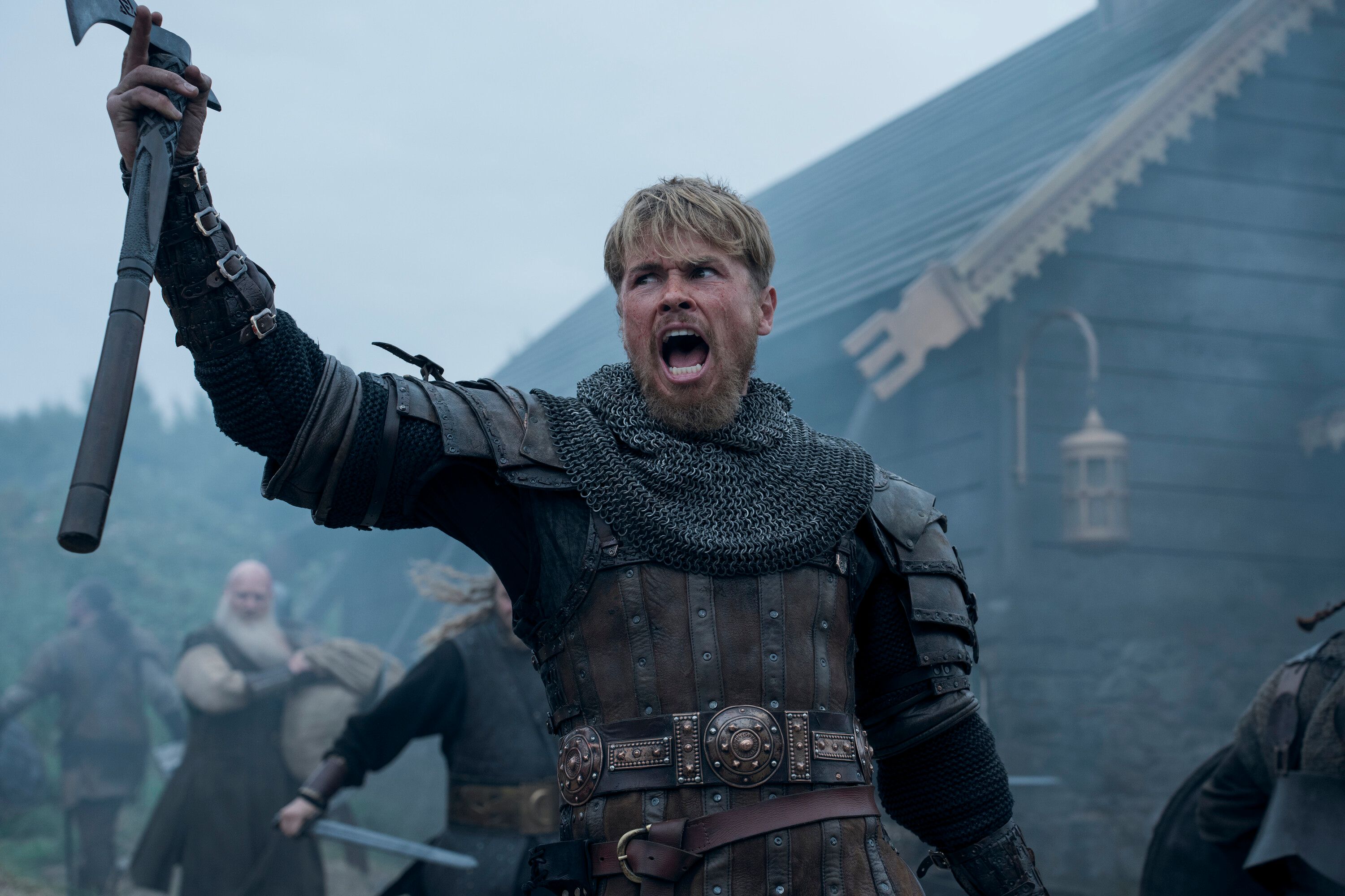 Xavier Molyneux (Erik Bloodaxe) screaming with axe raised in BLOODAXE SEASON 1