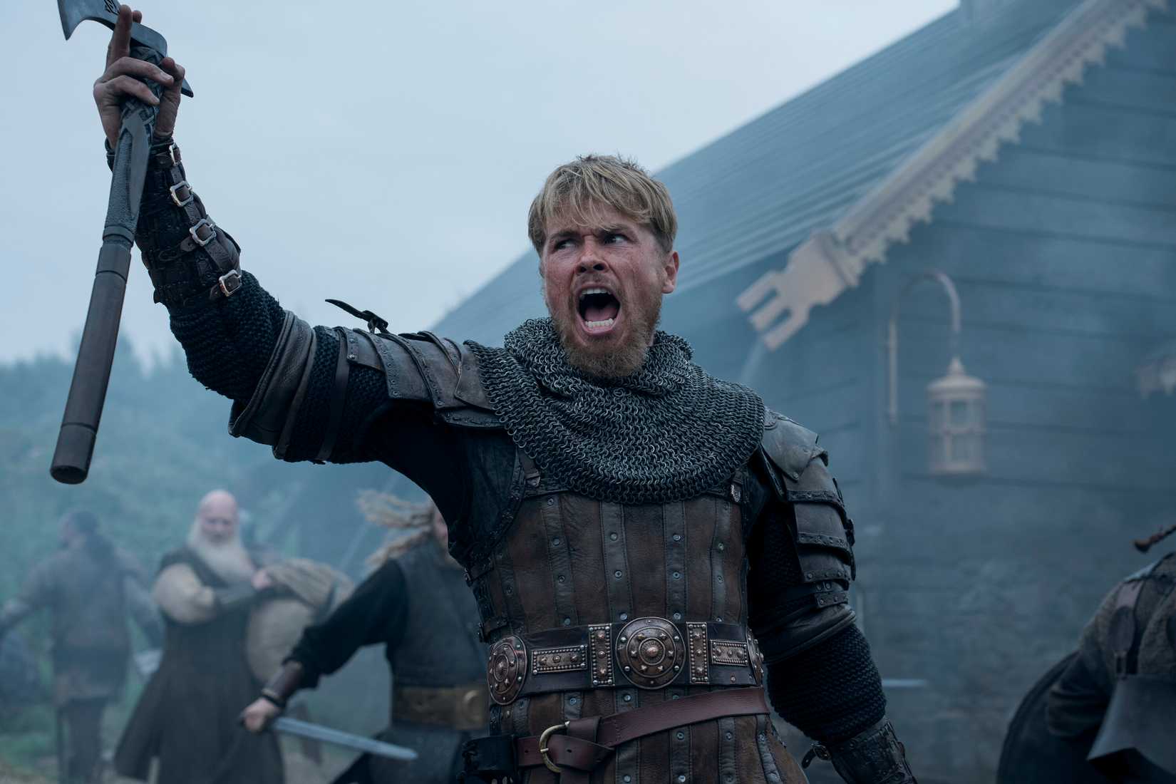 Xavier Molyneux (Erik Bloodaxe) screaming with axe raised in BLOODAXE SEASON 1