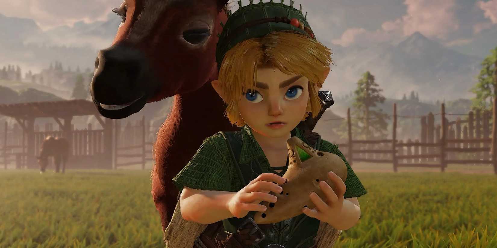 Young Link holding an ocarina with horse behind him in ocarina of time remake