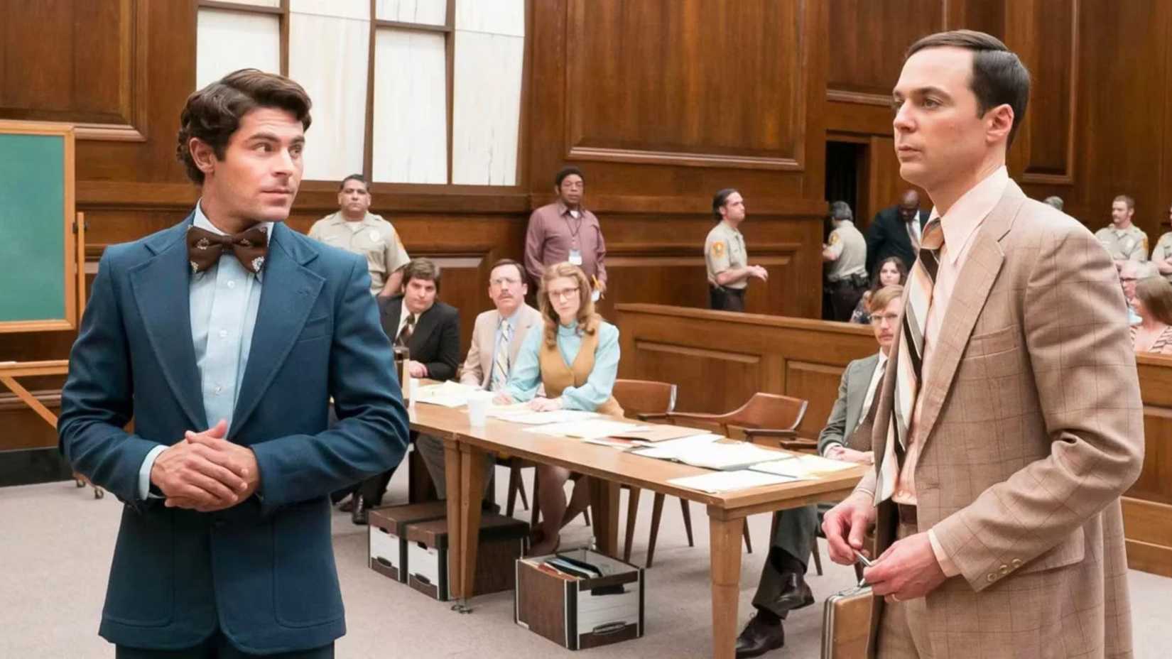 Zac Efron standing next to Jim Parsons in Extremely Wicked Shockingly Evil and Vile