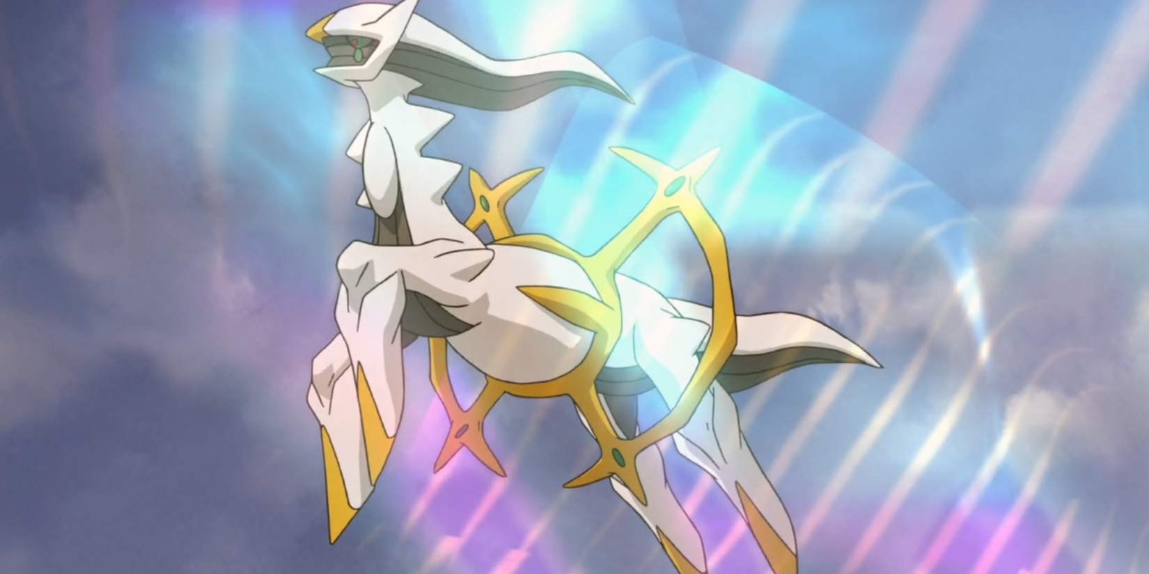 Arceus leaps into the air in front of a shimmering blue and pink background in Pokémon