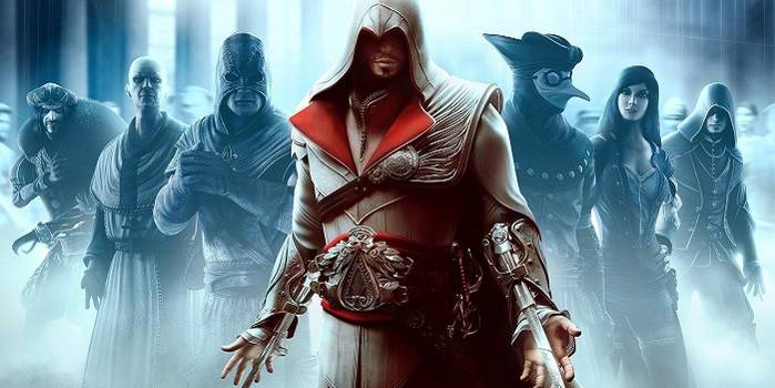 Every Assassin's Creed Setting So Far (Spin-Offs Included) 3 Assassins Creed Brotherhood cover art showing Ezio in front of a variety of figures.