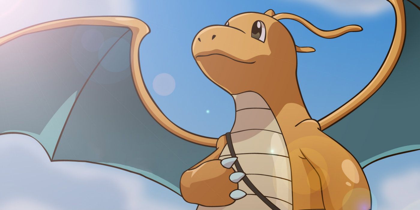 Pokémon Dragonite com asas estendidas olhando para frente em frente ao fundo do céu.