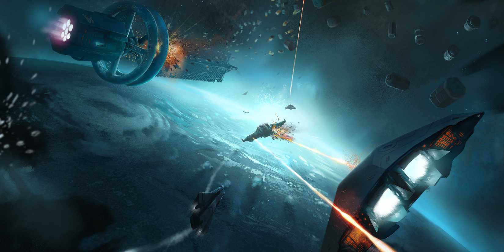 A spaceship shooting lasers at another spaceship from Elite Dangerous.