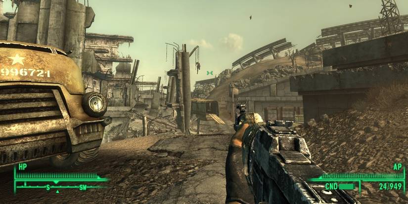 A first-person view of a player exploring the wilds of Fallout 3.