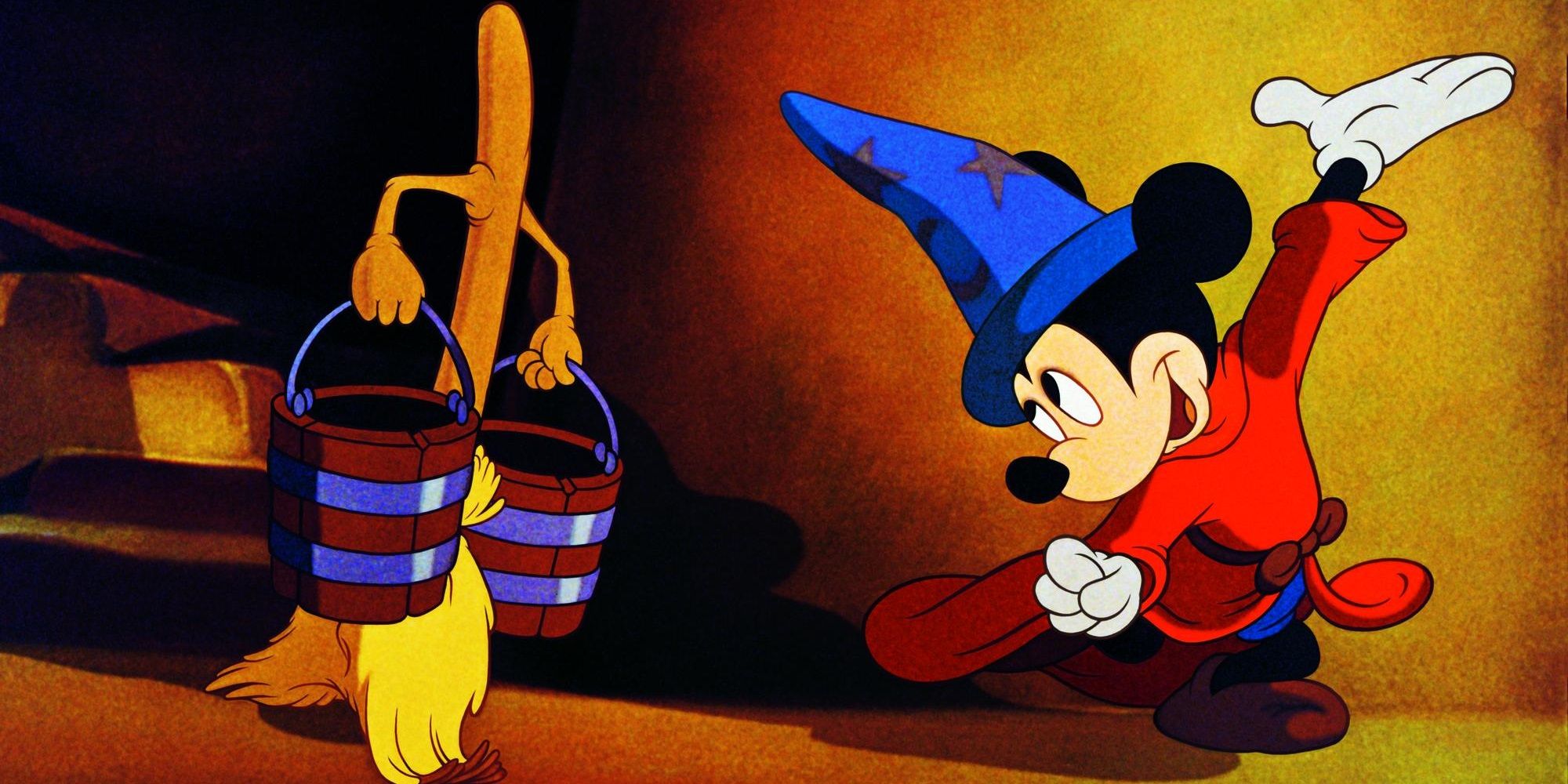 Mickey Mouse como o Aprendiz de Feiticeiro dirigindo uma vassoura em Fantasia