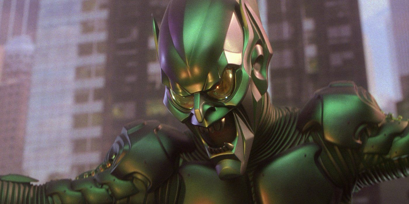 Willem Dafoe as the Green Goblin flying on his glider in Spider-Man (2002)