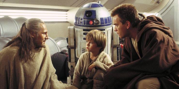 Qui-Gon Jinn, Anakin Skywalker, R2-D2 et Obi-Wan Kenobi dans Star Wars, Épisode I : La Menace Fantôme