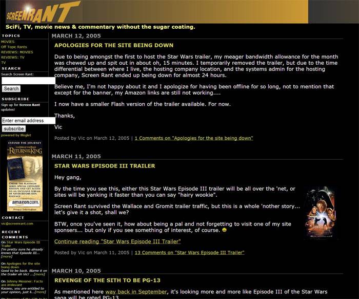 Screen Rant in 2005