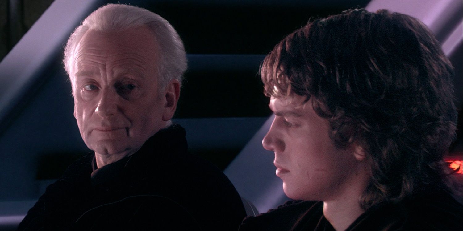 Palpatine and Anakin Skywalker sit beside one another with Palpatine looking at Anakin in Revenge of the Sith.