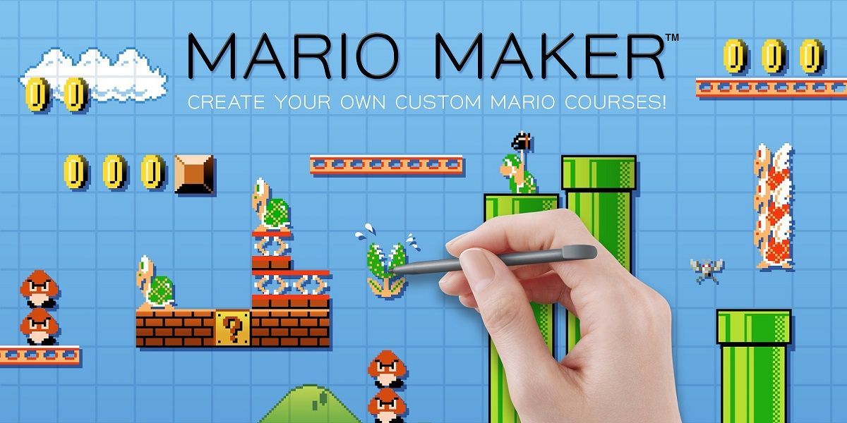 Super Mario Maker key art showing a hand with a stylus moving a plant.