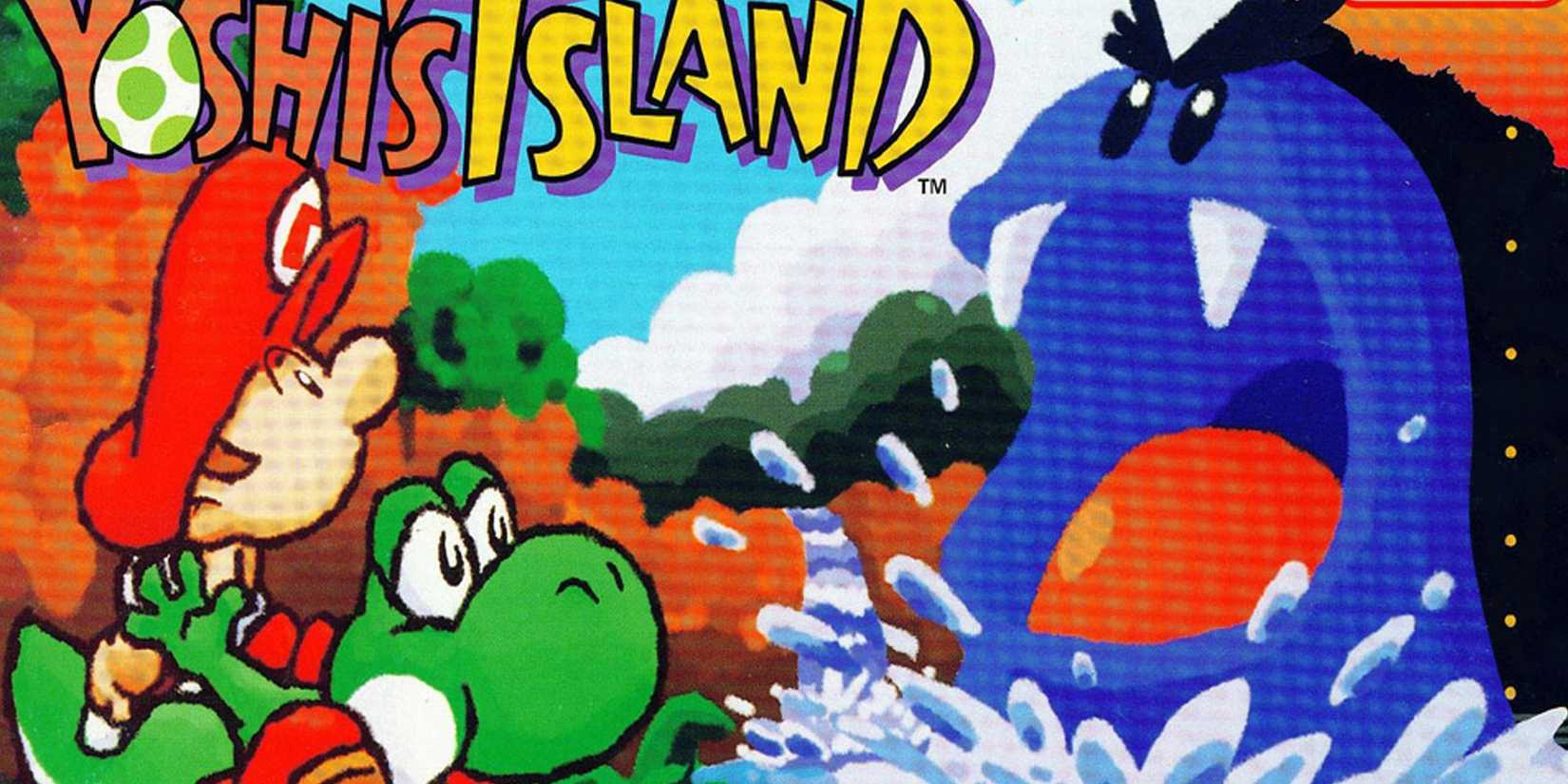 Yoshi e Baby Mario na arte da caixa de Super Mario World 2 Yoshi's Island