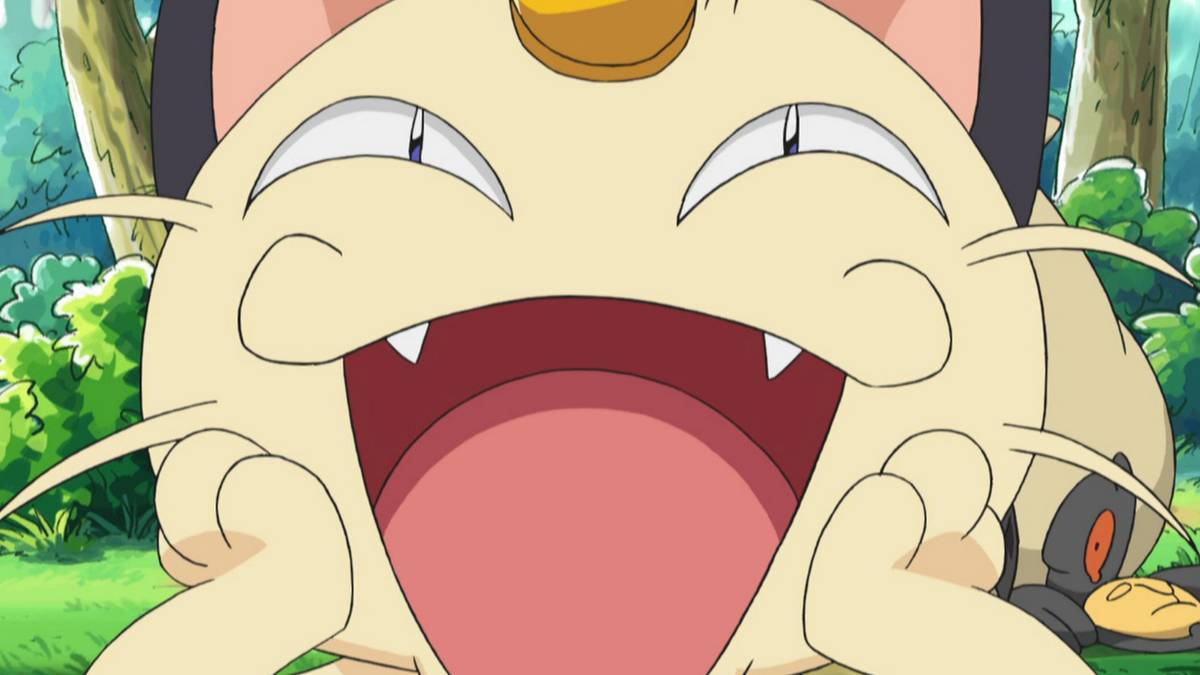 Team Rocket's Meowth laughing with his paws on his cheeks