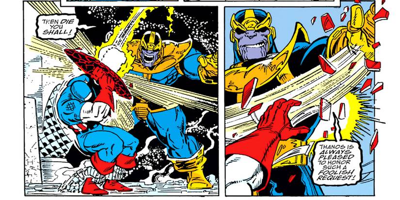 In the Infinity Gauntlet comic, Thanos destroys Captain America's shield.