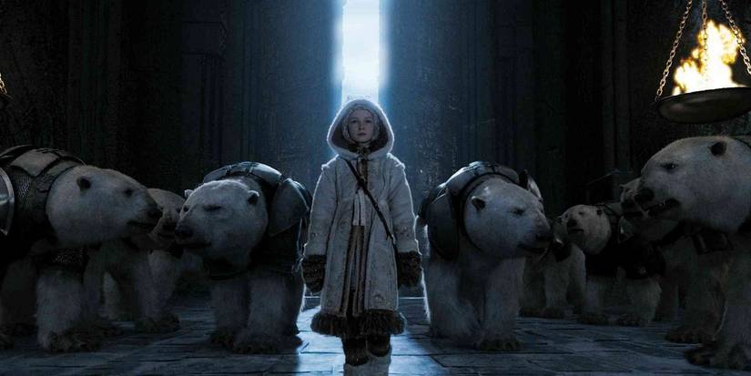Uma garota caminha com ursos polares em The Golden Compass