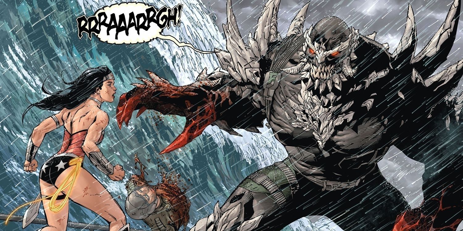 Doomsday and Wonder Woman fight in front of a tidal wave.