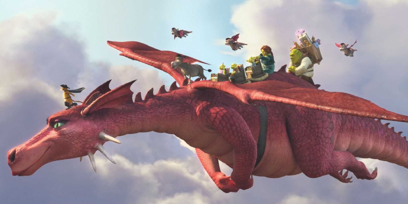 Dragon, Shrek, Fiona, Puss e Burro voando em Dragon
