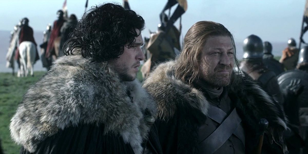 Ned and Jon on horseback in Game of Thrones